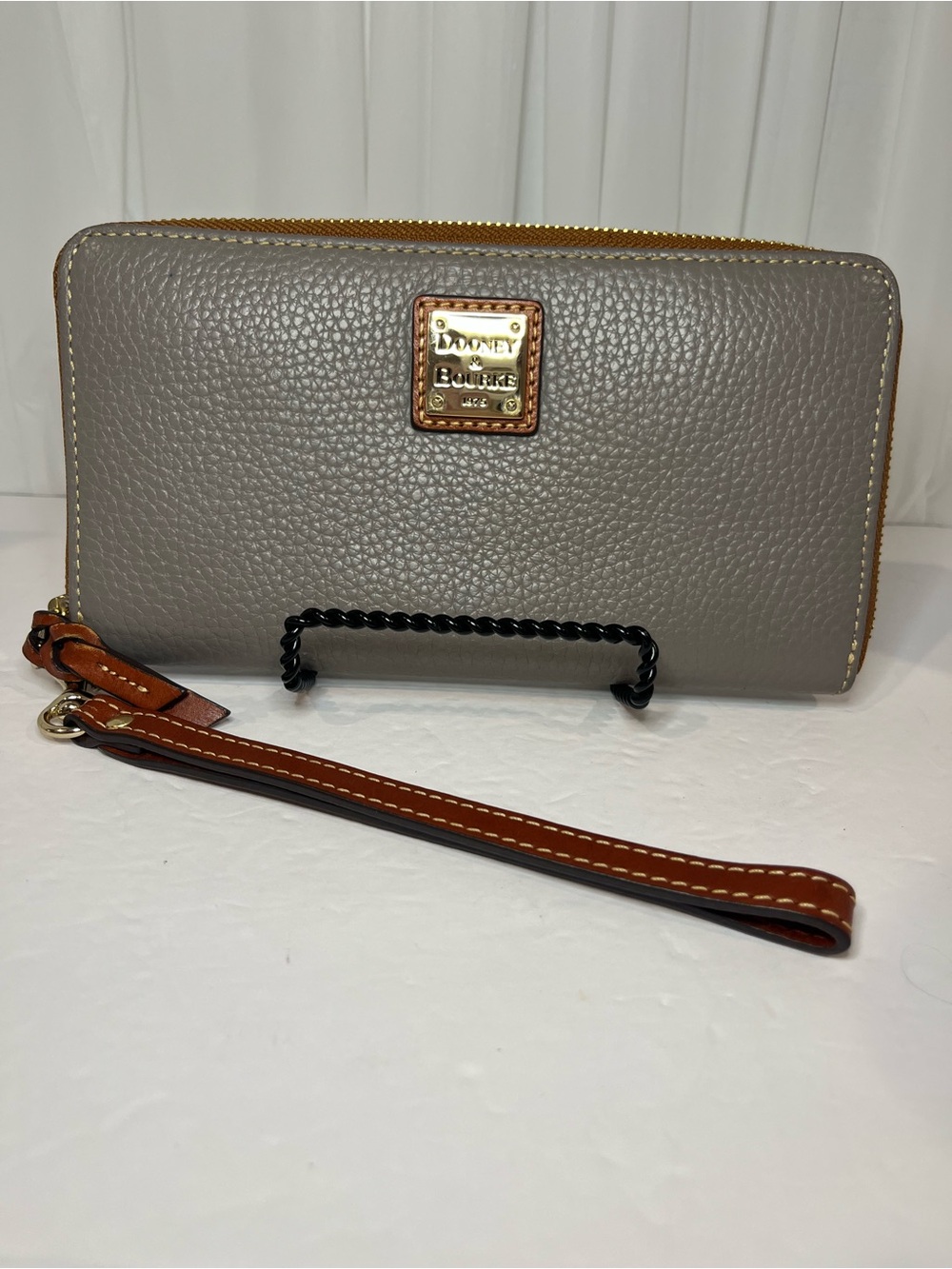 Dooney & Bourke Gray Pebbled Leather Zip Wallet with Brown Wrist Strap